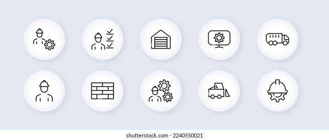 Construction neomorphic icons set. Foreman, builder, setting, deadlines, tasks, building, warehouse, equipment, materials, transport, transportation. Industry concept. Vector neomorphic line icons set