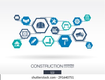 Construction network. Hexagon abstract background with lines, polygons, and integrated flat icons. Connected symbols for build, industry, architectural, engineering concepts. Vector illustration