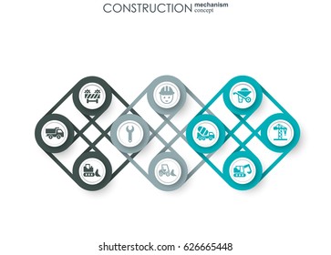 Construction network. Hexagon abstract background with lines, polygons, and integrated flat icons. Connected symbols for build, industry, architectural, engineering concepts. Vector.