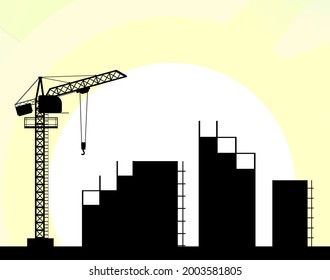 Construction of a new building. Silhouette. Cranes and Tractors. Modern technologies and equipment. Isolated on white background illustration vector