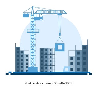 Construction of a new building. Silhouette. Cranes and Tractors. Modern technologies and equipment. Isolated on white background illustration vector.