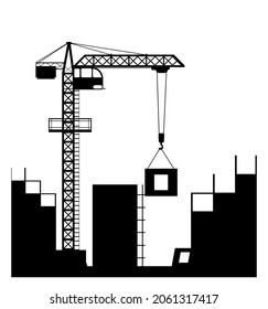 Construction of a new building. Silhouette. Cranes and Tractors. Modern technologies and equipment. Isolated on white background illustration vector.