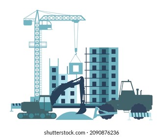 Construction of a new building. Silhouette. Cranes and Tractors. Modern technologies and equipment. Isolated on white background illustration vector