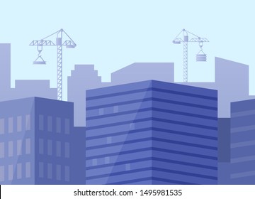 Construction of new buildings in city, blue cityscape with modern estates and skyscrapers, cranes transporting heavy materials for megapolis. Vector illustration in flat cartoon style