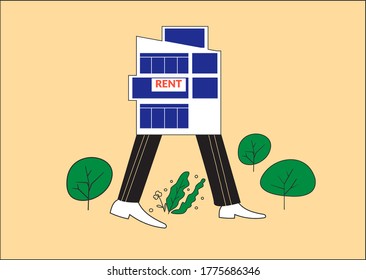 Construction of a new house in the green zone. Concept of real estate, mortgage loan, investments and estate agency. Flat vector illustration in cartoon style