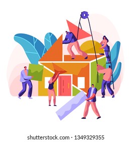 Construction New House. Professional Character Construct Residence. Painting Wall, Laying Brick and Building a Ceiling and Roof from Colorful Detail. Flat Cartoon Vector Illustration