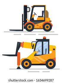 Construction of new infrastructure vector, isolated machinery used in building. Reactor and excavator, automated mechanical objects, flat style loader