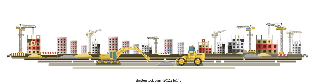 Construction of new microdistrict of city. Cranes and Tractors. Modern technologies and equipment. Horizontal. Isolated on white background illustration vector