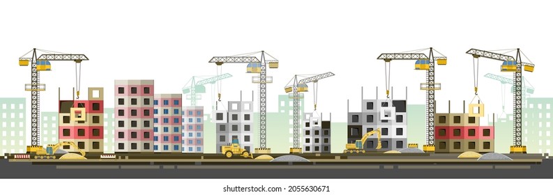 Construction of new microdistrict of city. Cranes and Tractors. Modern technologies and equipment. Horizontal. Isolated on white background illustration vector
