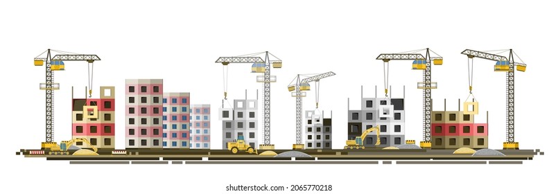 Construction of new microdistrict of city. Cranes and Tractors. Modern technologies and equipment. Horizontal. Isolated on white background illustration vector.