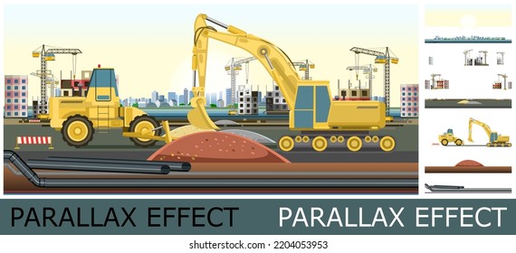 Bau eines neuen Mikrobezirks der Stadt. Bild von Schichten für Overlay mit Parallaxeffekt. Moderne Wohn- und Industriegebäude. Horizontal. Technologien. Illustrationsvektor