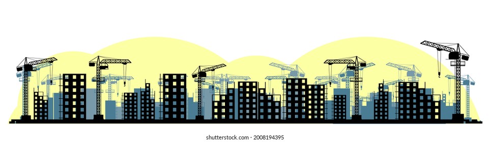 Construction of a new microdistrict of the city. Silhouette. Cranes and Tractors. Modern technologies and equipment. Isolated on white background illustration vector