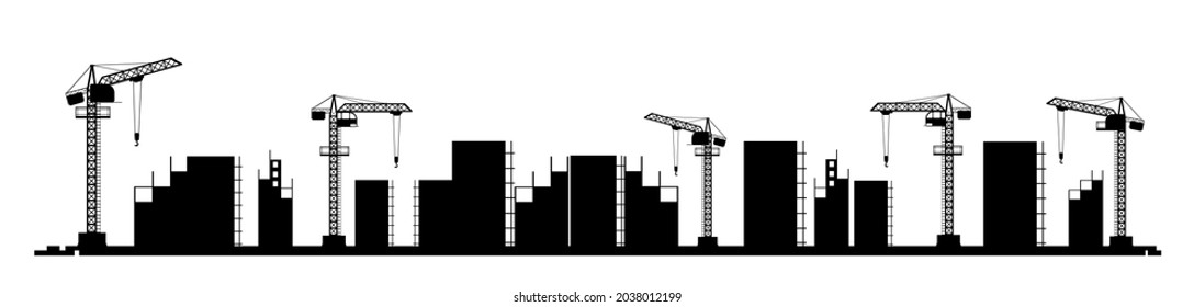 Construction of a new microdistrict of the city. Silhouette. Cranes and Tractors. Modern technologies and equipment. Isolated on white background illustration vector.
