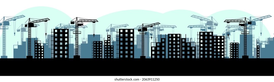 Construction of a new microdistrict of the city. Silhouette. Cranes and Tractors. Modern technologies and equipment. Isolated on white background illustration vector.