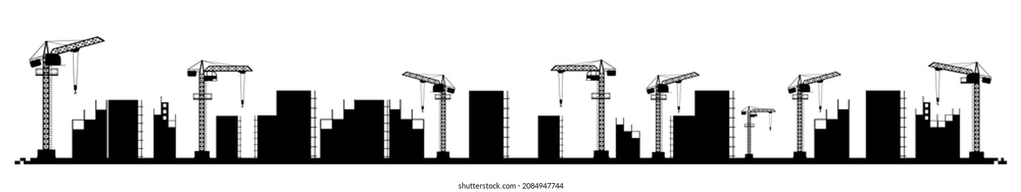 Bau eines neuen Mikrobezirks der Stadt. Silhouette. Krane und Traktoren. Moderne Technologien und Ausrüstung. Einzeln auf weißem Hintergrund, Vektorgrafik.