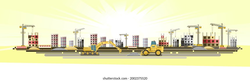 Construction of new microdistrict of city. Sun. Modern residential and industrial buildings. Crane. Tractors. technologies and equipment. Illustration vector
