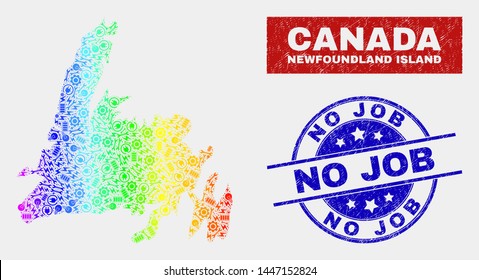Construction Newfoundland Island map and blue No Job scratched stamp. Rainbow colored gradiented vector Newfoundland Island map mosaic of productivity units. Blue round No Job stamp.