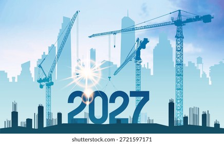 Números de construcción para el Nuevo año 2027. Silueta de construcción para dar la bienvenida al nuevo año. Diseño de Vector de fondo de año Nuevo 2027. Números Grandes con tonos azules para el Nuevo año 2027.