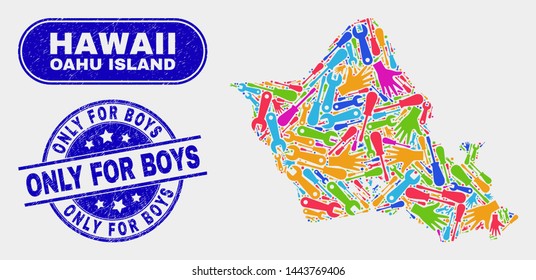 Construction Oahu Island map and blue Only for Boys scratched seal stamp. Colorful vector Oahu Island map mosaic of mechanics components. Blue round Only for Boys stamp.