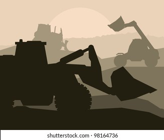 Construction objects with building machinery vector background