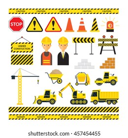 Construction Objects Set, Worker, Equipment, Vehicles