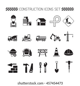 Construction Objects Silhouette Icons Set, Black & White, Monochrome, Worker, Equipment, Vehicles,