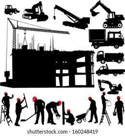 construction objects vector (crane - worker - building - skimmer)