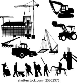 construction objects vector (crane - worker - building - skimmer)