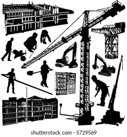 construction objects vector (crane -  worker - building - skimmer)