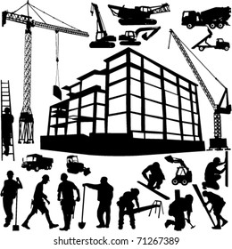 construction objects vector (crane - worker - building - skimmer)