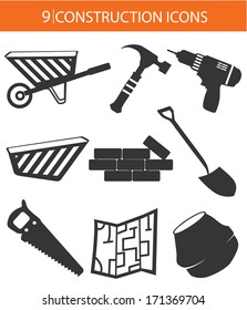Construction objects,Black version,on white background
