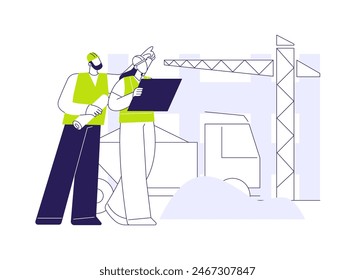 Ilustración vectorial abstracta del concepto de observación de la construcción. Profesional arquitecto controla el proceso de construcción, observación de edificios, reunión con contratistas metáfora abstracta.