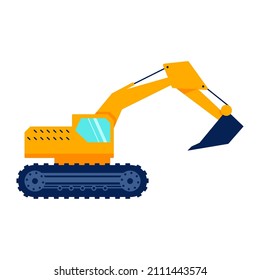 Construction orange excavator side view isolated on white background. Flat Art vector Illustration.