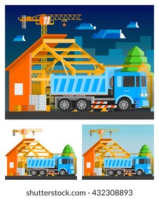 Construction orthogonal compositions set with house and truck flat isolated vector illustration 