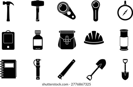 Construction outdoor activity icons set with helmet ladder camping tools
