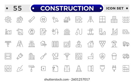 Construction outline icon collection set. Containing building, project, skyscraper, crane, build, equipment, prepared icon. 

