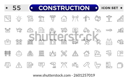 Construction outline icon collection set. Containing building, project, skyscraper, crane, build, equipment, prepared icon. 
