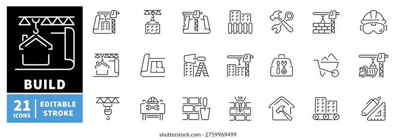 Construction outline icon set: editable stroke thin line style building and tools symbols