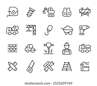 Conjunto de ícones de estrutura de tópicos de construção com ferramentas e equipamentos, ícone de construção
