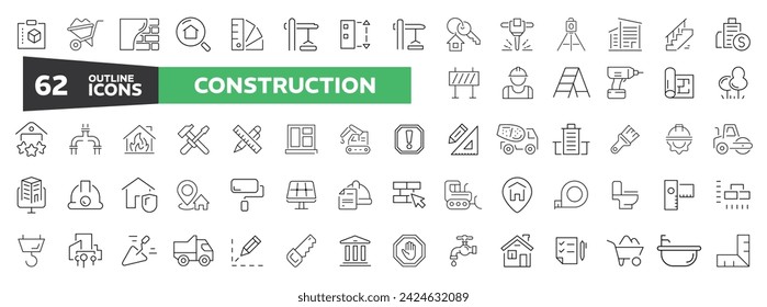 Construction outline icons collections 62 web icons set. construction, home repair tools. Thin line web icons collection. Simple vector illustration