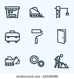 Construction Outline Icons Set. Collection Of Wall Painter, Gear, Construction Works And Other Elements. Also Includes Symbols Such As Digger, Tower, Cogwheel.