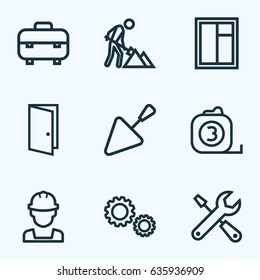 Construction Outline Icons Set. Collection Of Window, Builder, Tools And Other Elements. Also Includes Symbols Such As Exit, Gear, Engineer.