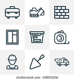 Construction Outline Icons Set. Collection Of Color Can, Brickwork, Trowel And Other Elements. Also Includes Symbols Such As Equipment, Excavator, Toolbox.