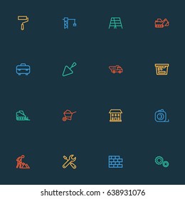 Construction Outline Icons Set. Collection Of Tower Crane, Construction Works, Color Can And Other Elements. Also Includes Symbols Such As Stepladder, Digger, Building.