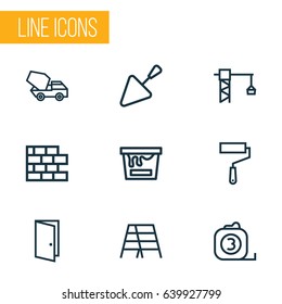 Construction Outline Icons Set. Collection Of Door, Tower Crane, Stepladder And Other Elements. Also Includes Symbols Such As Ruler, Trowel, Paint.