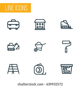 Construction Outline Icons Set. Collection Of Excavator, Bulldozer, Tape Ruler And Other Elements. Also Includes Symbols Such As Excavator, Ruler, Toolbox.
