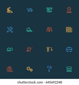Construction Outline Icons Set. Collection Of Gear, Construction Works, House And Other Elements. Also Includes Symbols Such As Measure, Equipment, Tractor.