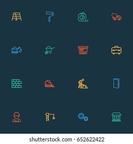 Construction Outline Icons Set. Collection Of Stepladder, Door, Brickwork And Other Elements. Also Includes Symbols Such As House, Maintenance, Roller.