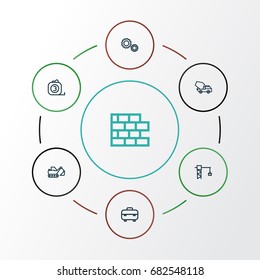 Construction Outline Icons Set. Collection Of Tower Crane, Excavator, Toolbox And Other Elements. Also Includes Symbols Such As Hook, Cement, Cog.