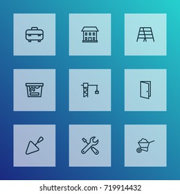 Construction Outline Icons Set. Collection Of Door, Stepladder, Trowel And Other Elements. Also Includes Symbols Such As Tower, Equipment, Cart.